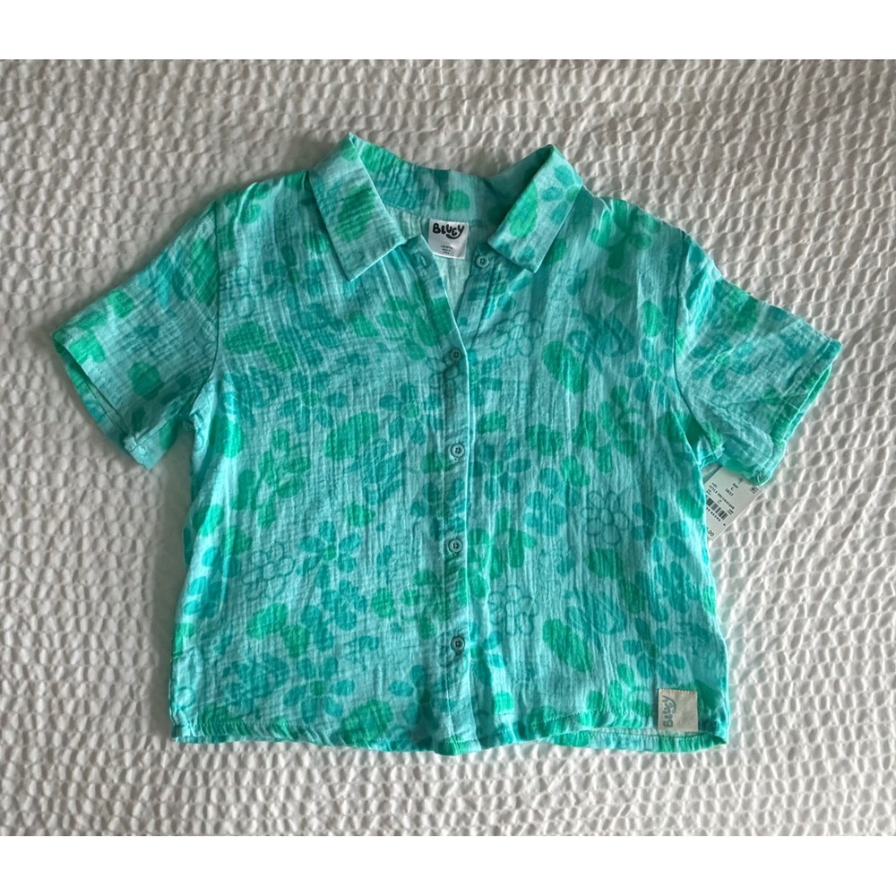 Bluey Girls L 10/12 NWT Cotton Gauze Button Up Shirt Aqua Floral